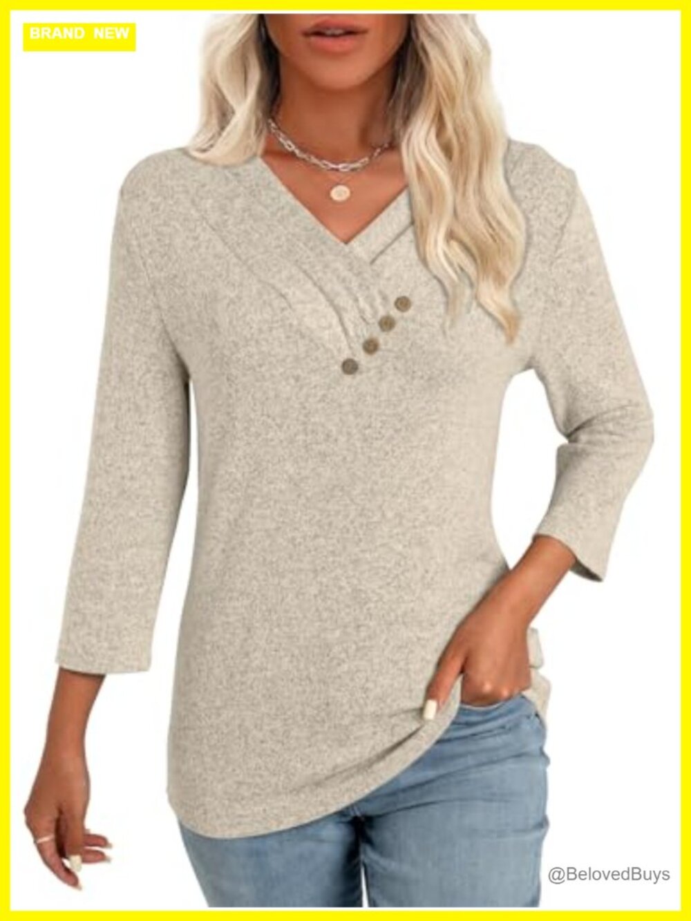 Women's Loose Fit V-Neck Button Tunic Top 3/4 Sleeve Casual Blouse for Leggings